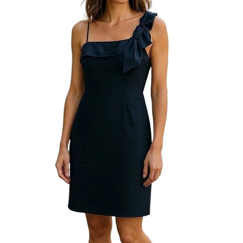 Joseph Ribkoff Bodycon Dress Size 6 Tiered Vertical Bow Spaghetti Straps Black